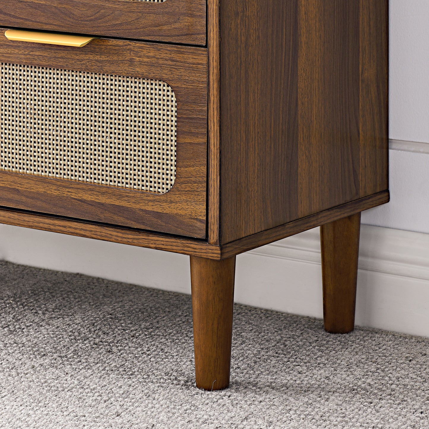 Modern Rattan Dresser Cabinet with Wide Drawers and Metal Handles for Farmhouse Style Storage in Bedroom Living Room Hallway