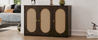 Retro 3-Door Accent Cabinet with Rattan Doors and Metal Handles for Living Room and Hallway Storage Brown