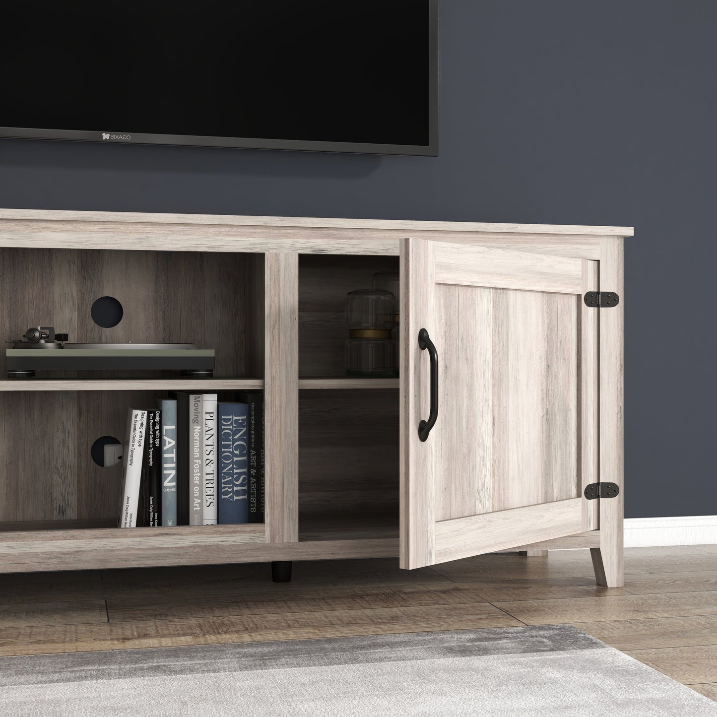 TV Stand Storage Media Console Entertainment Center with Two Doors in Grey Walnut Finish