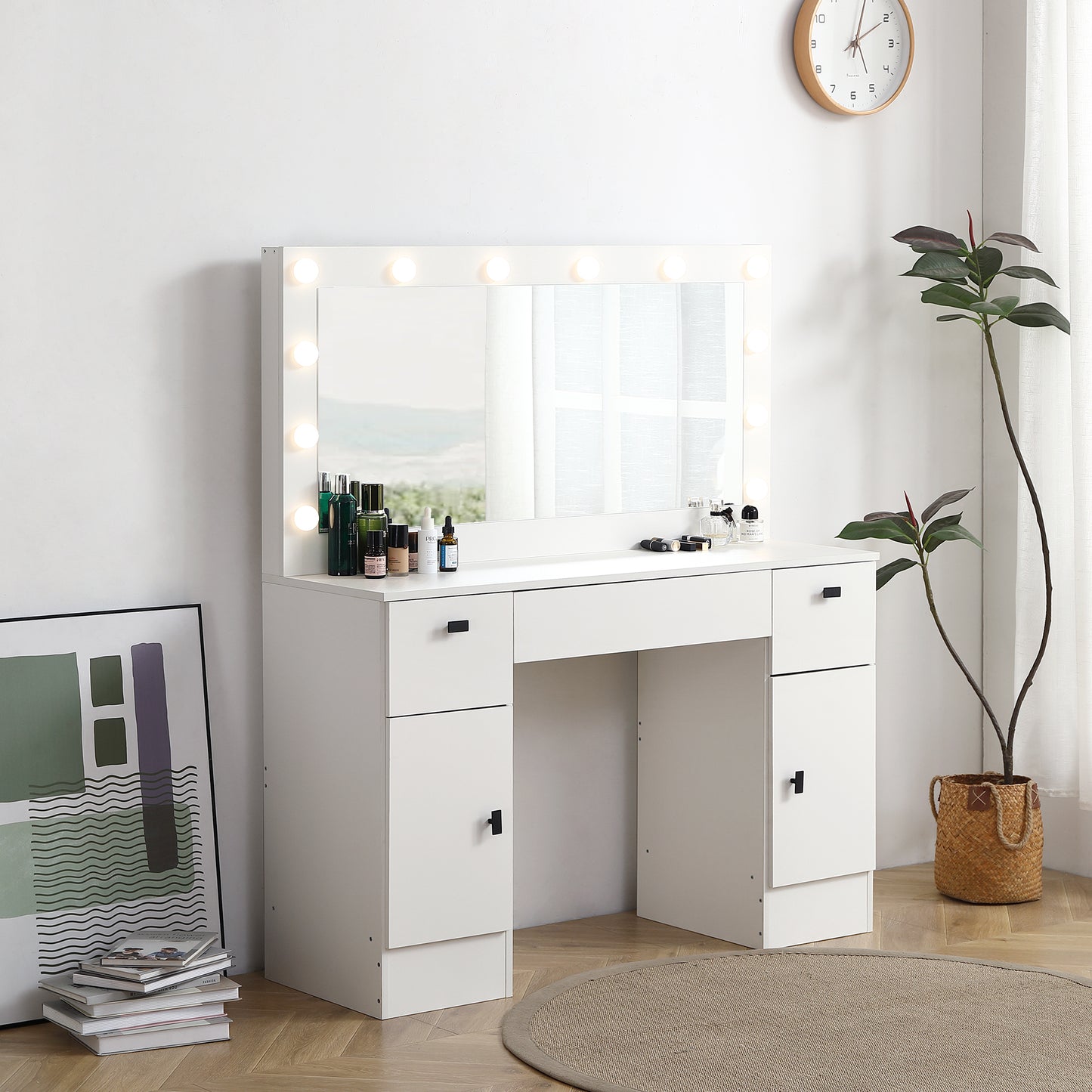 Lighted Vanity Table with Adjustable Brightness Mirror 3 Drawer Storage Cabinet 3 Color Lighting Modes White