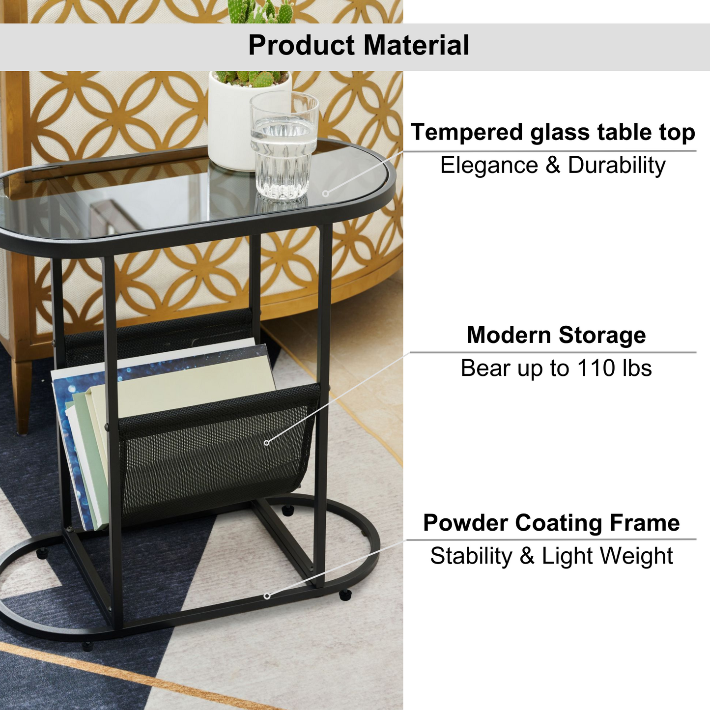 Glass Oval Small Side Tables for Living Room Set of 2 with Magazine Organizer and Storage Space Ideal for Small Spaces