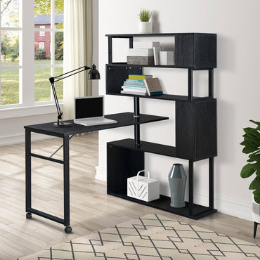 L-Shaped Corner Computer Desk with Rotating Table and 5-Tier Bookshelf, Lockable Casters, Four Installation Methods, Black