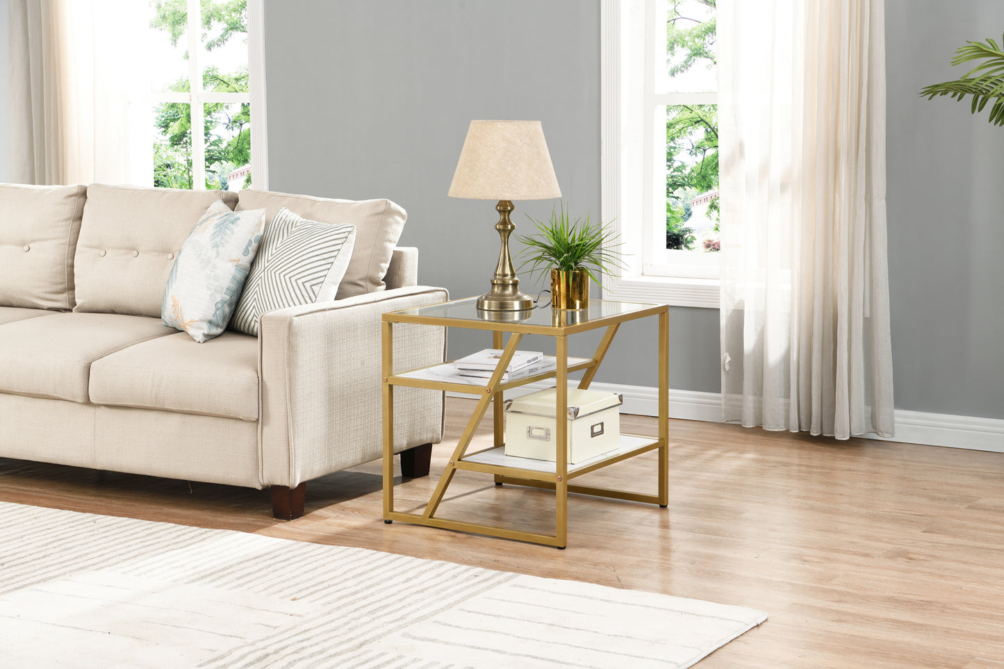 Golden Side Table with Storage Shelf Tempered Glass Top Metal Frame for Living Room and Bedroom