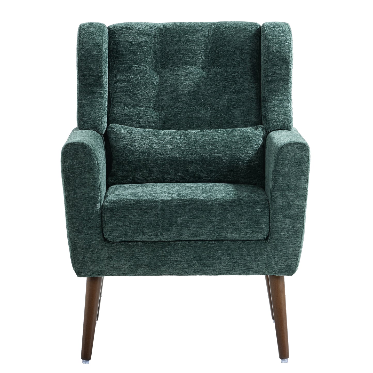 Chenille Modern Accent Chair with Pillow Soft Upholstered Armchair for Living Room Bedroom Solid Wood Legs Blackish Green