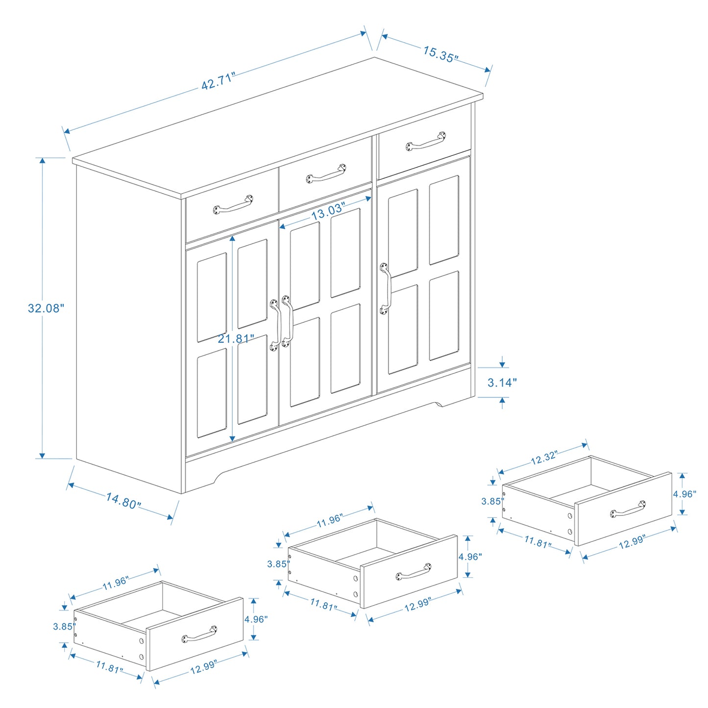 Farmhouse Buffet Cabinet Storage Sideboard with 3 Drawers and 3 Doors for Dining Room Kitchen Cupboard White