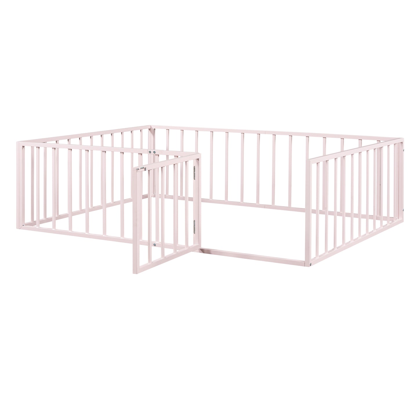 Full Size Metal Floor Bed Frame with Fence and Door, Pink