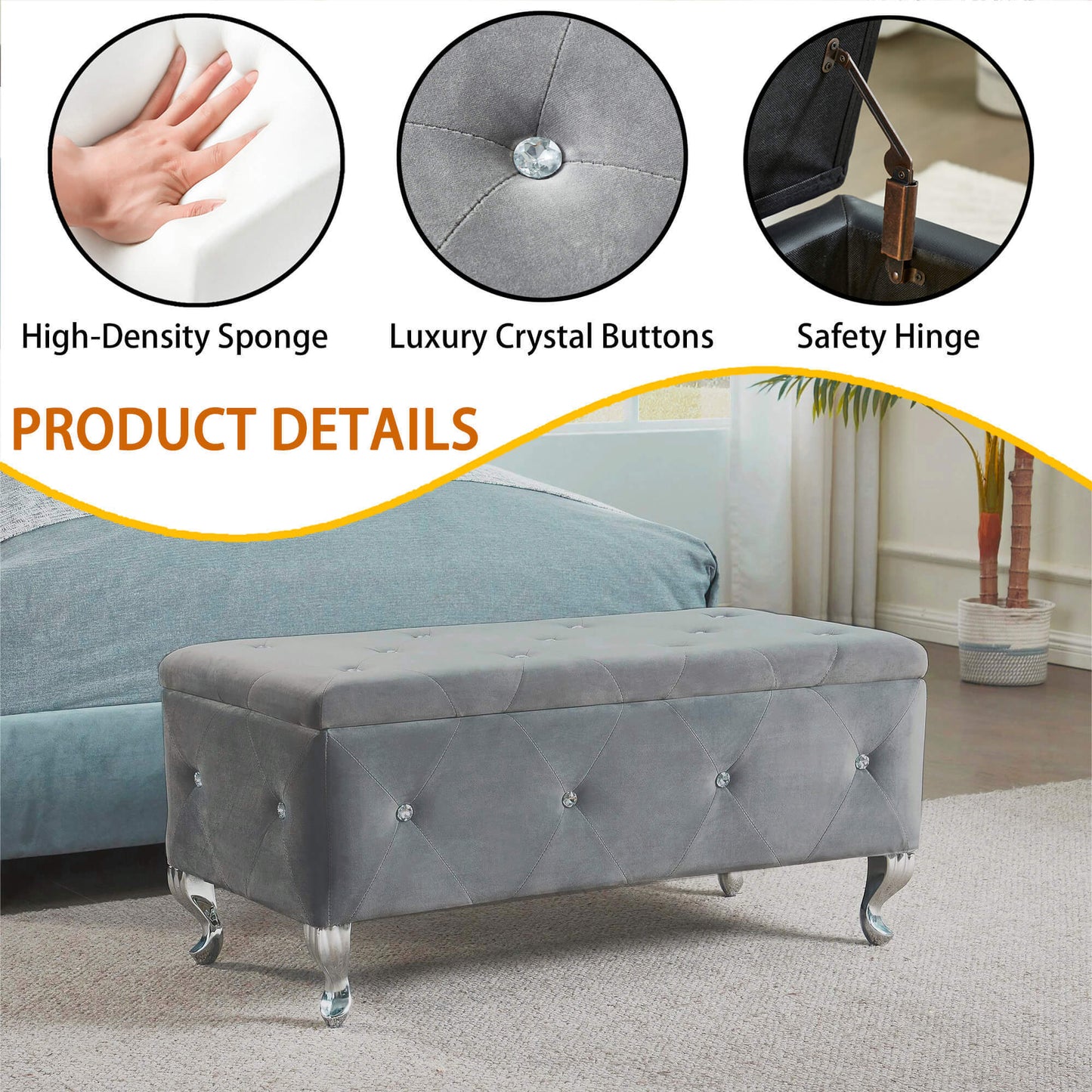 Tufted Storage Ottoman Bench for Bedroom End of Bed Large Upholstered Footrest with Crystal Buttons for Living Room Entryway Grey