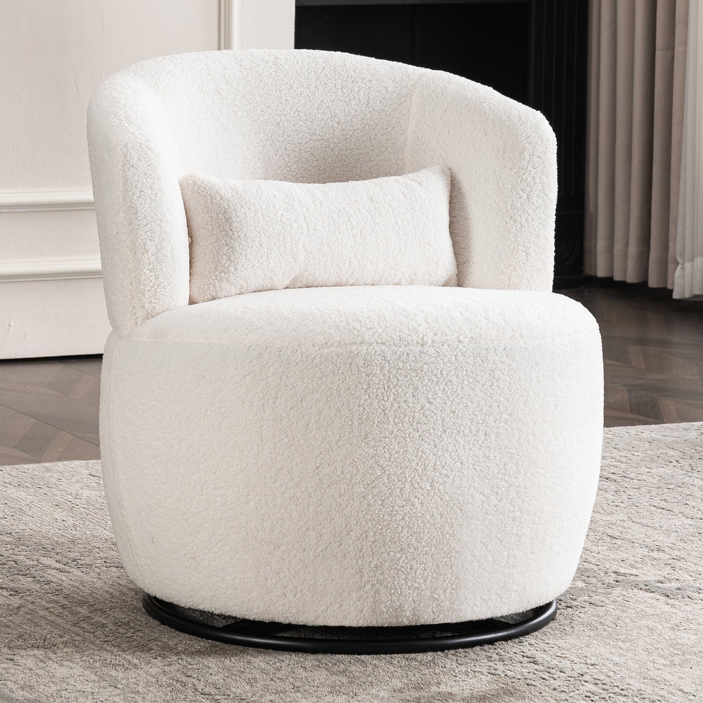 White Plush Swivel Accent Chair - Contemporary Round Armchair with 360° Rotation and Metal Base for Living Room Elegance