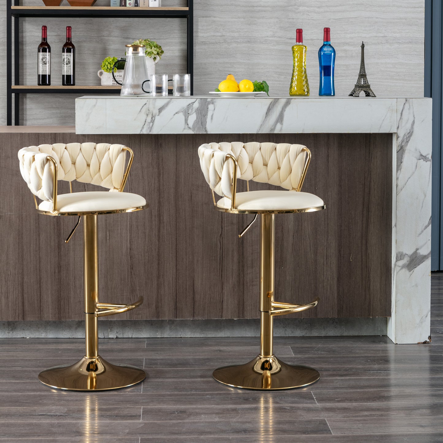 Set of 2 Velvet Bar Stools with Chrome Footrest and Base Swivel Adjustable Height Golden Legs Cream Color