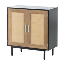 Black Rattan Storage Cabinet with 2 Doors Fixed Shelf Large Space Sideboard for Living Room Entryway Hallway Dining Room