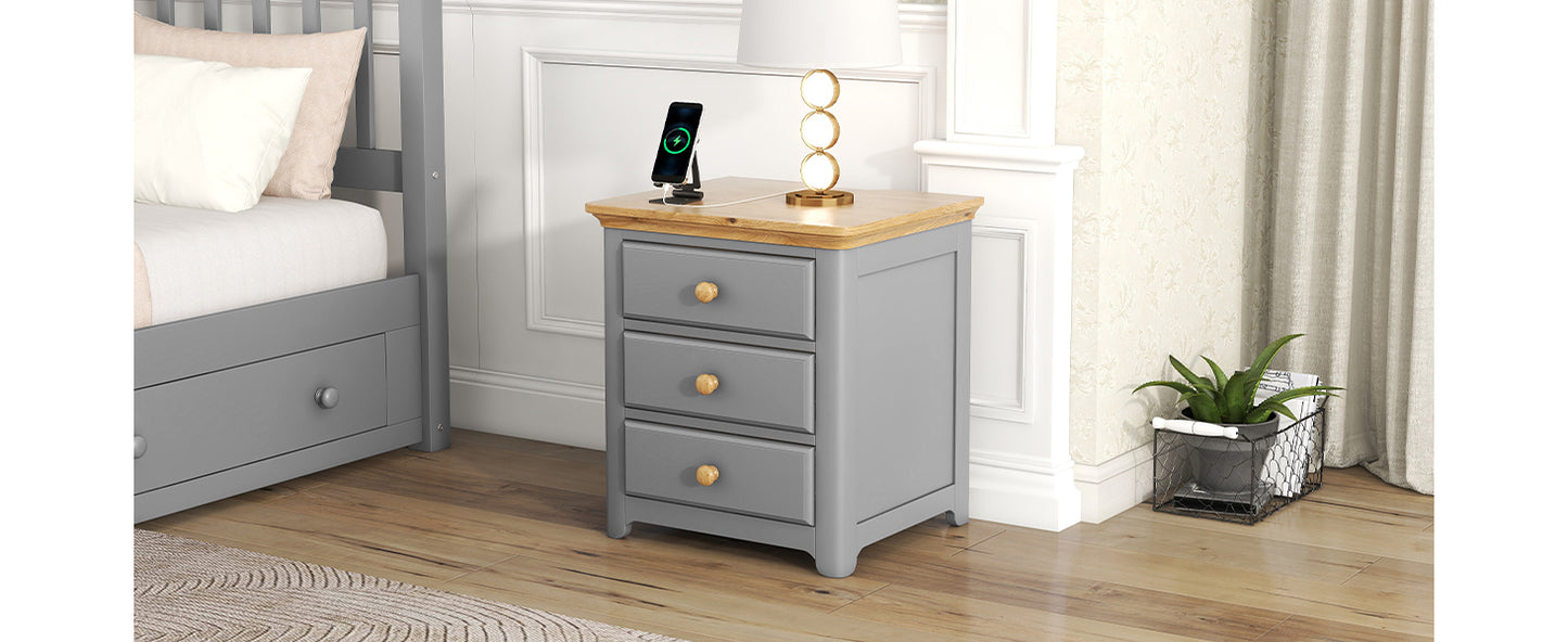 Wooden Nightstand with USB Charging Ports Three Drawers End Table for Bedroom Gray Natural Finish