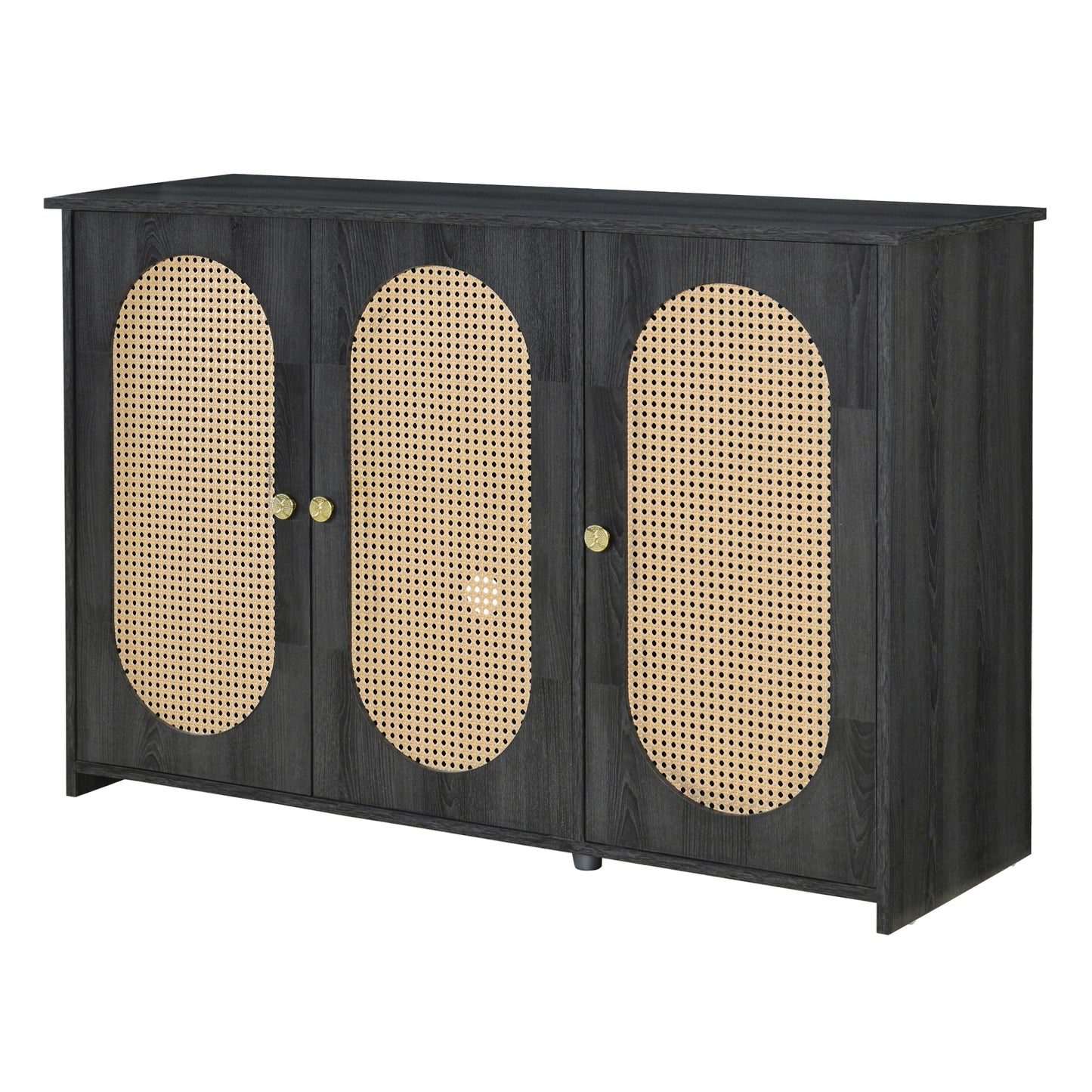 Retro 3-Door Accent Cabinet with Rattan Doors and Metal Handles for Living Room and Hallway Antique Black