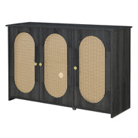 Retro 3-Door Accent Cabinet with Rattan Doors and Metal Handles for Living Room and Hallway Antique Black