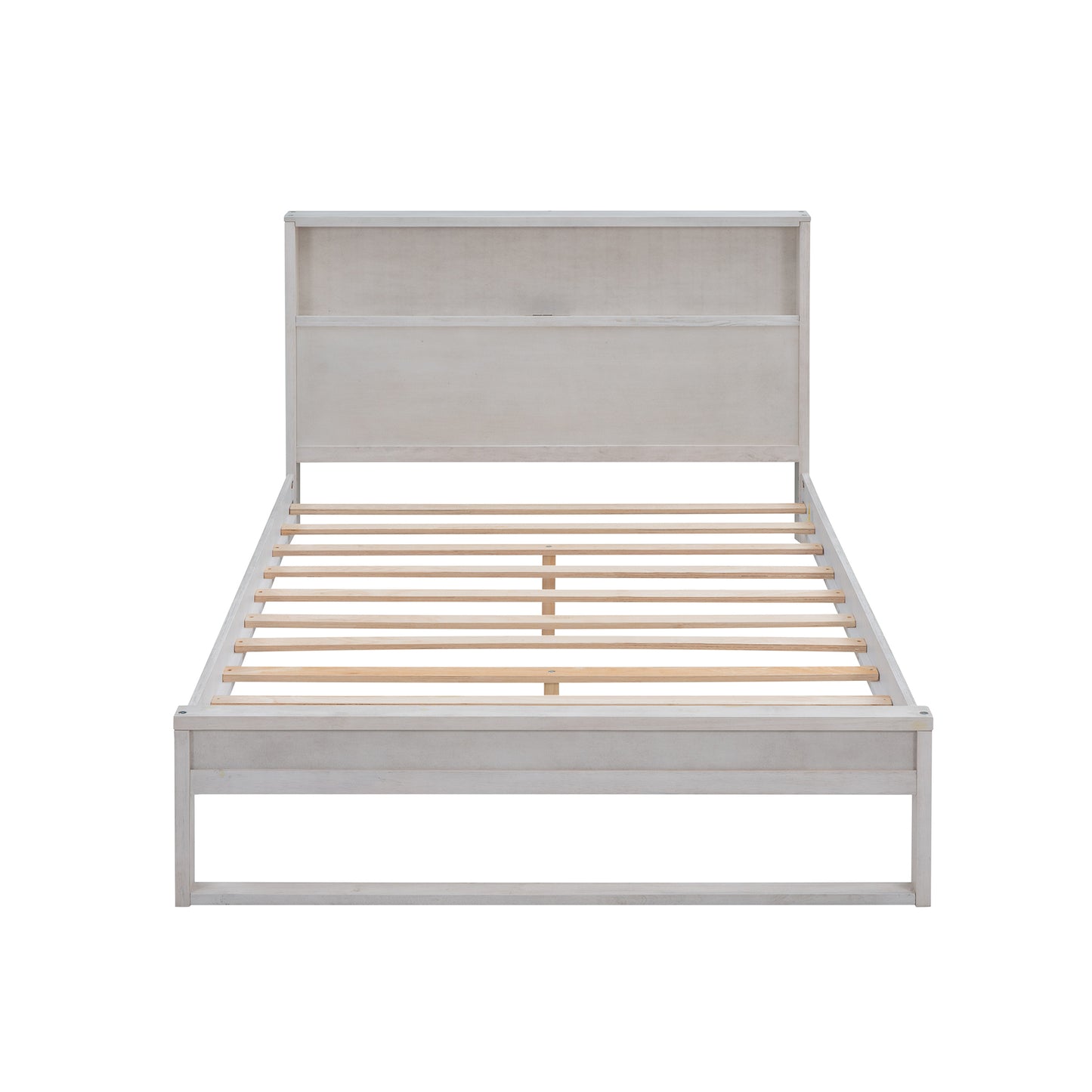 Full Size Platform Bed with Storage Headboard USB Ports and Sockets Antique White