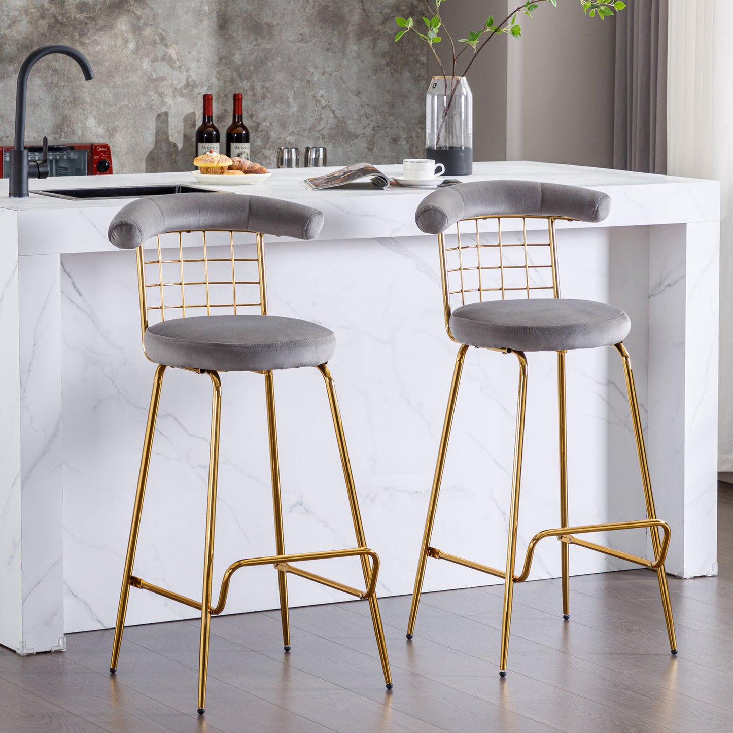 Luxury Velvet High Bar Stool Set of 2 with Metal Legs Soft Back Armless Modern Kitchen Dining Chairs Grey