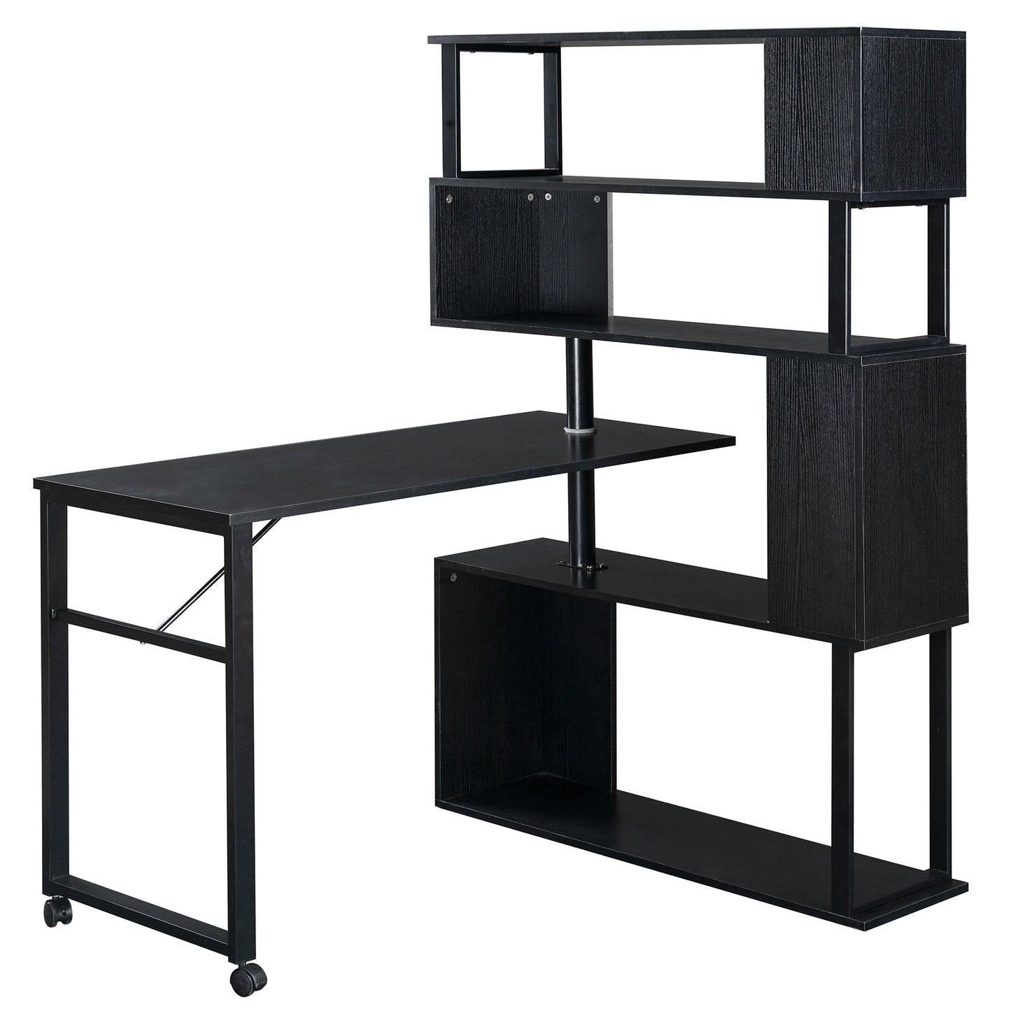 L-Shaped Corner Computer Desk with Rotating Table and 5-Tier Bookshelf, Lockable Casters, Four Installation Methods, Black