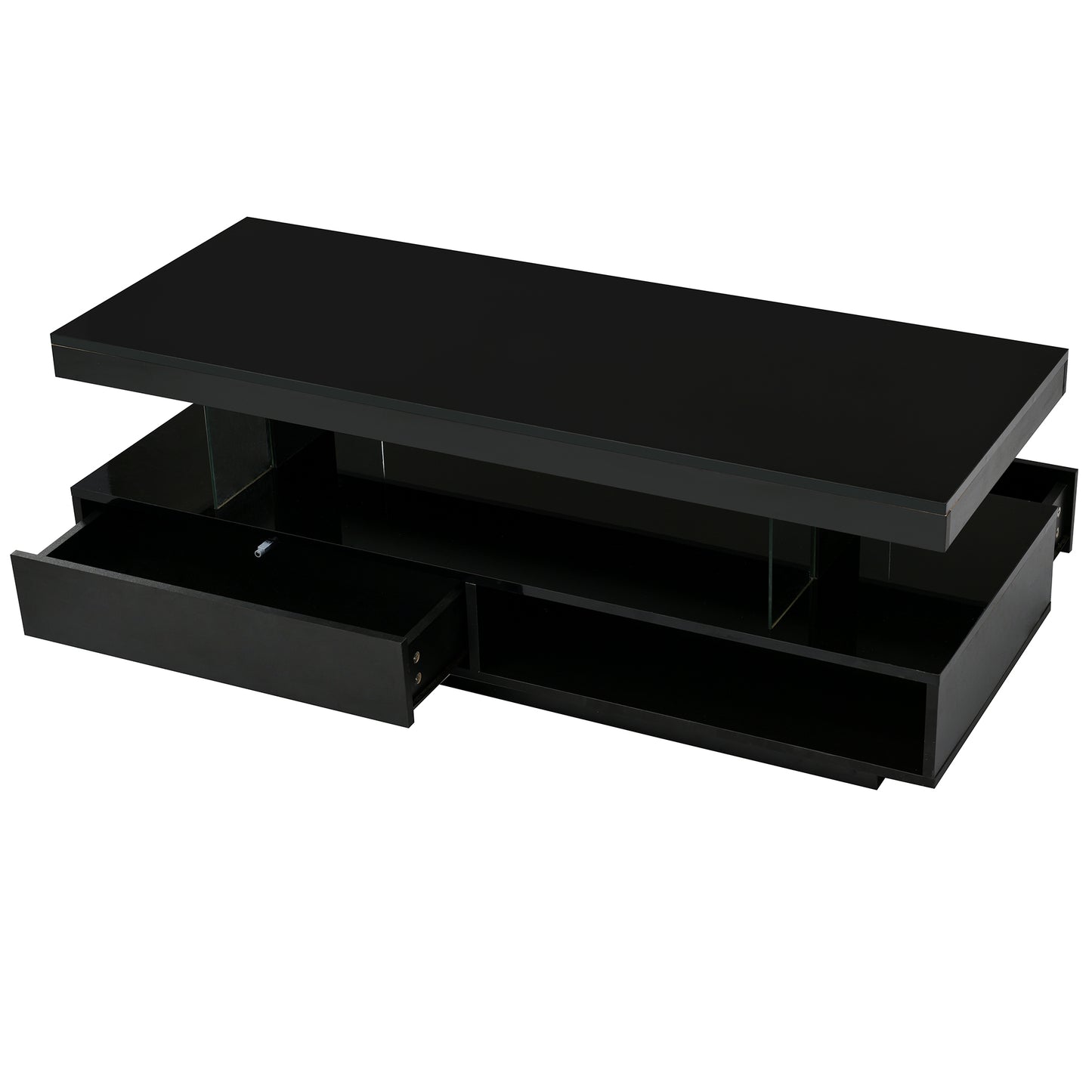 Modern LED Coffee Table with Storage and Display Shelves, Black Center Table with 2 Drawers for Living Room