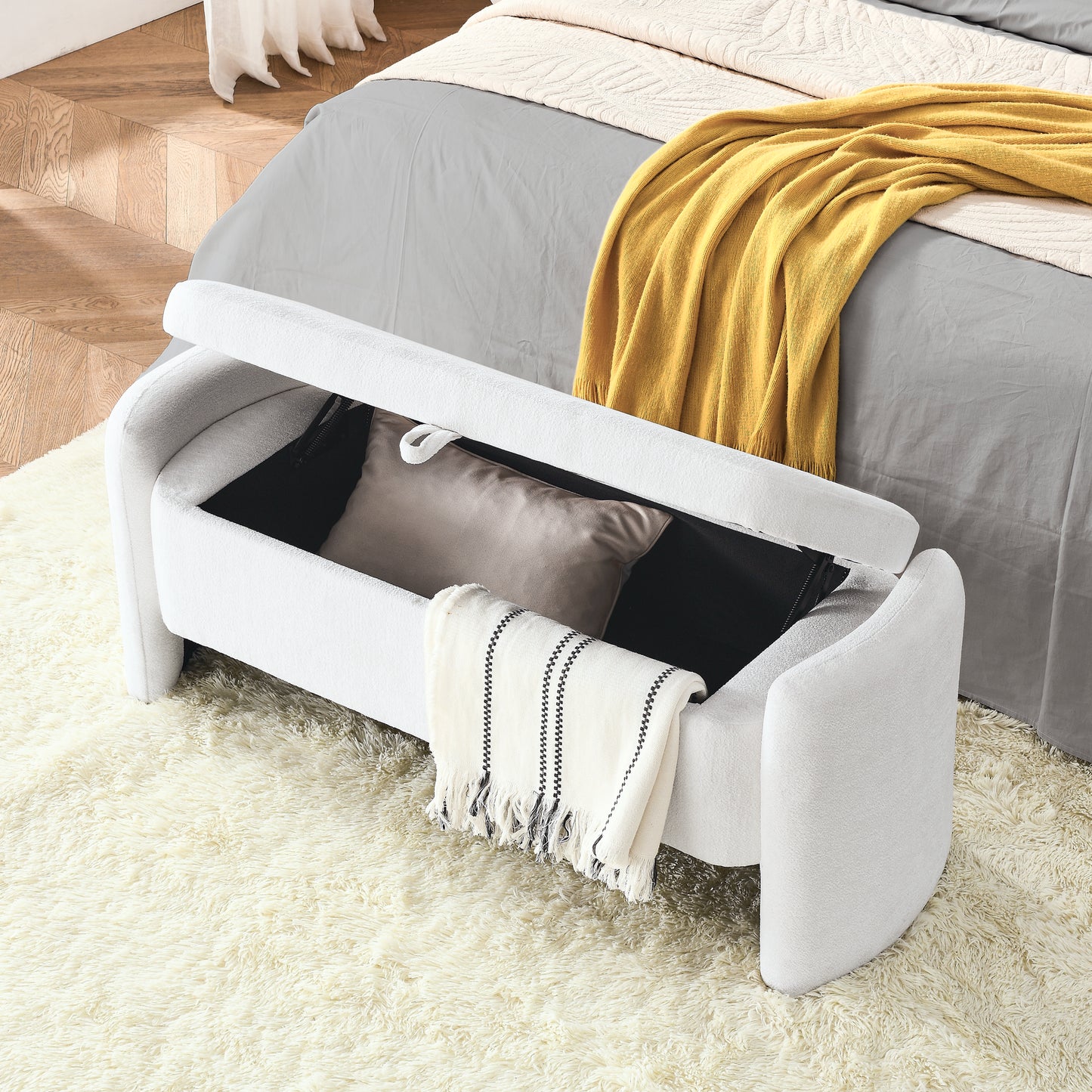 Chenille Fabric Storage Bench Ottoman for Living Room Bedroom Shoe Storage Extra Seating and Toy Organizer