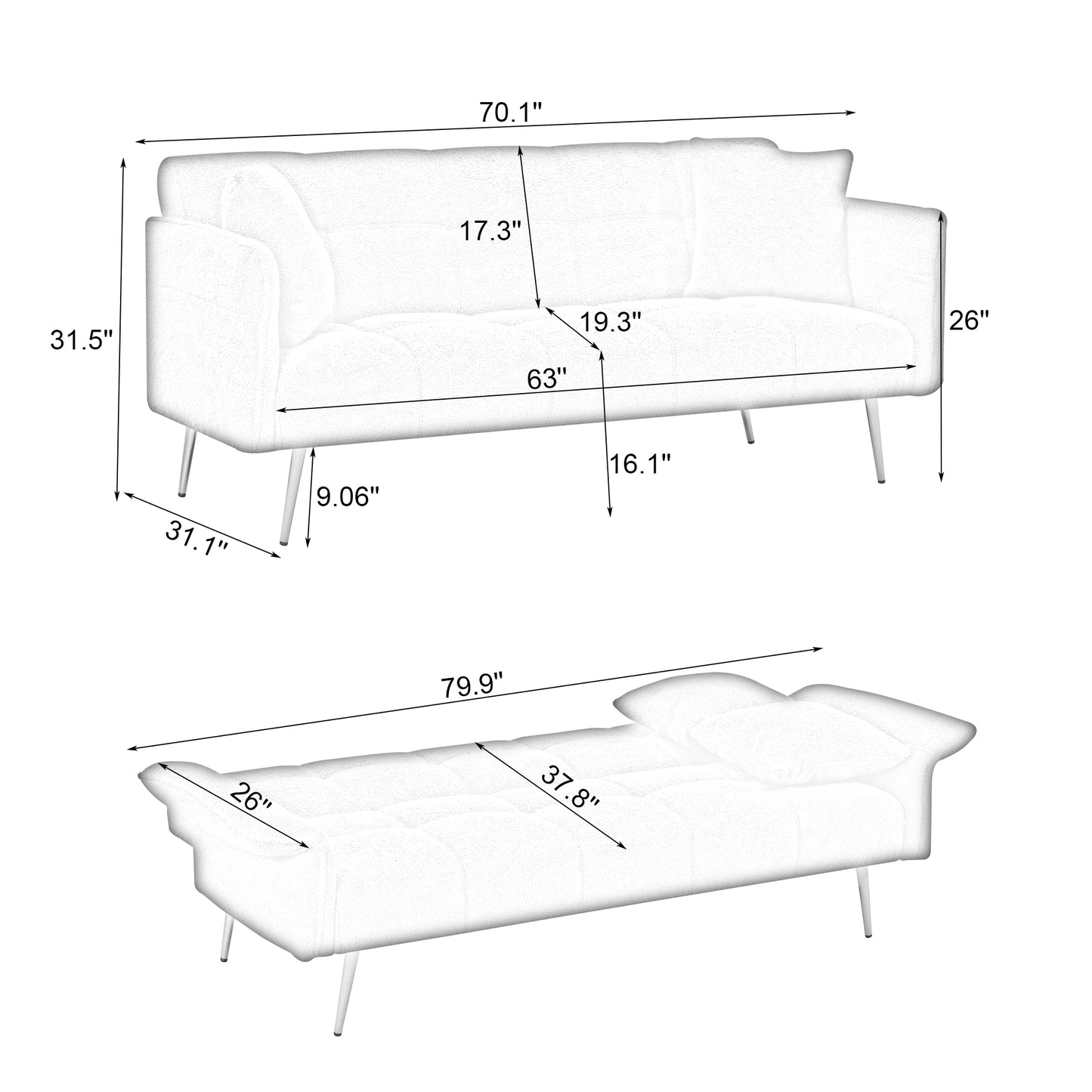 70.1 "futon sofa bed, convertible double sofa bed with folding armrests for living rooms and small Spaces