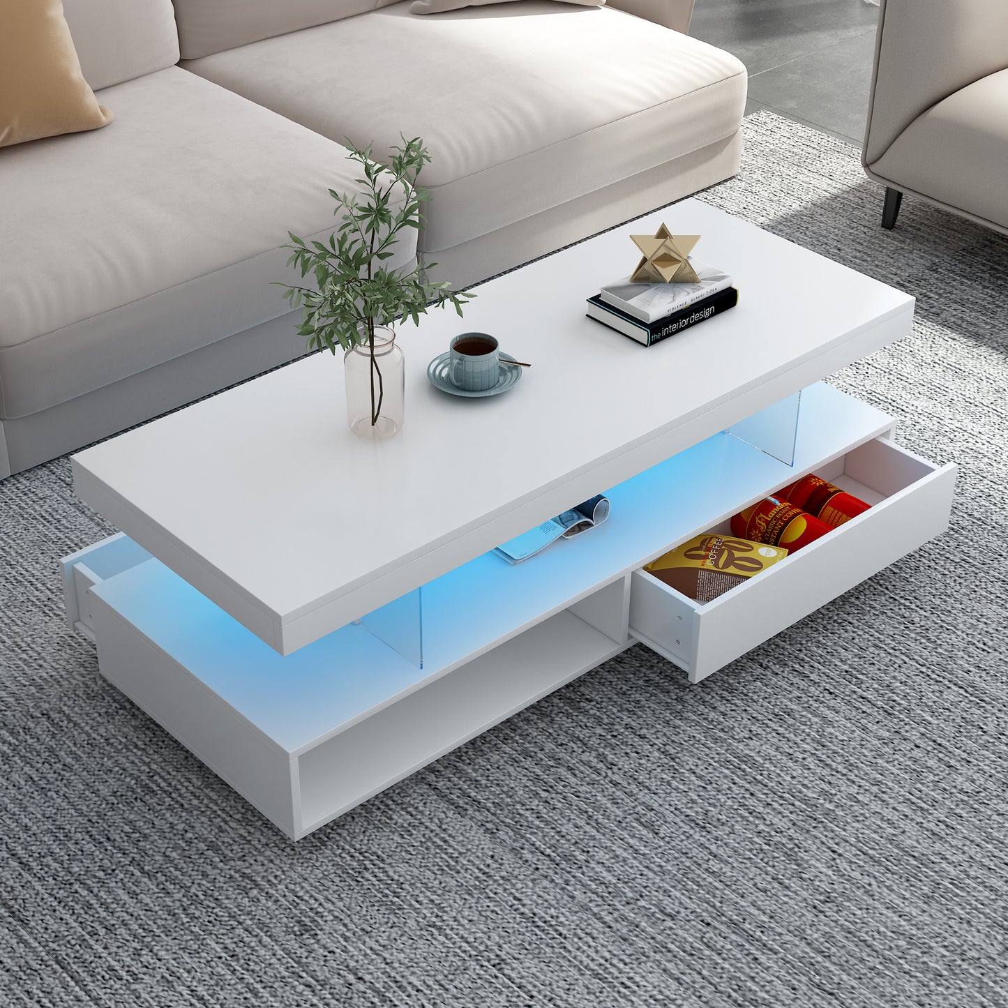 Modern LED Coffee Table with Storage and 2 Drawers, Accent Center Table with Display Shelves for Living Room, White