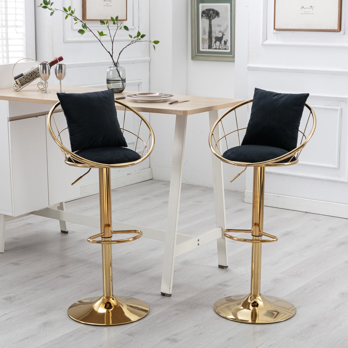 Black Velvet Bar Chair Set of 2 Gold Plated Unique Design 360 Degree Rotation Adjustable Height Ideal for Dining Room and Bar