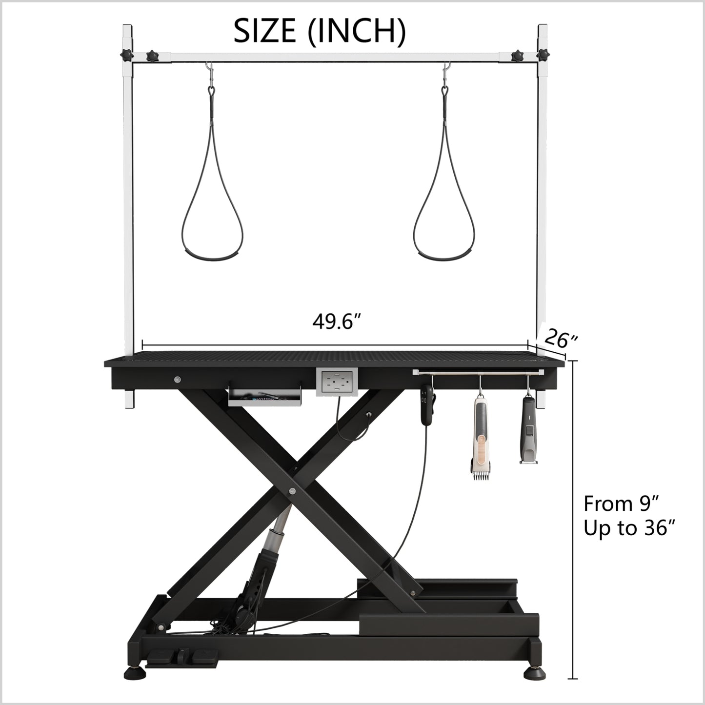 Electric Pet Grooming Table, Deluxe Adjustable Height 8” to 36”, 110V/220V, Professional Recommended, Black Color