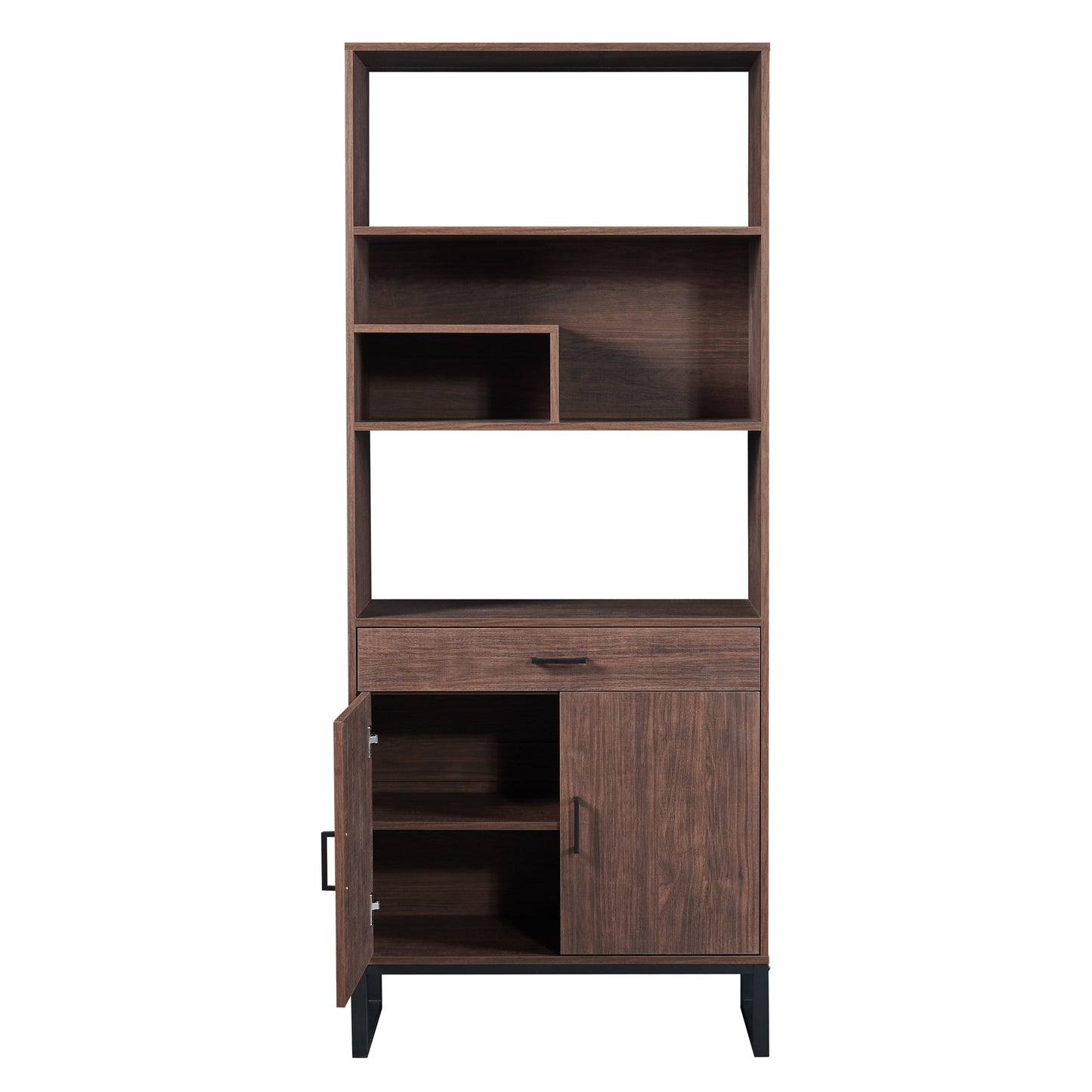 Tall Walnut Finish Open Bookshelf with LED Lights and Storage Drawer for Living Room and Office