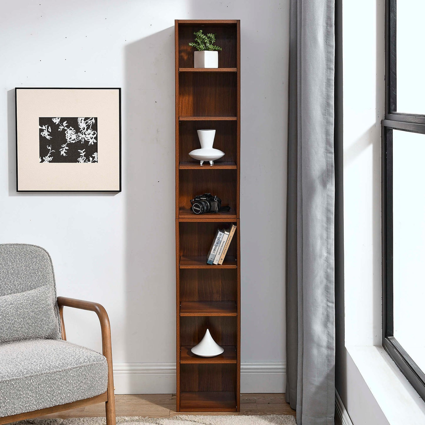8-Tier Slim Media Tower Rack Adjustable Shelves Tall Bookcase Storage Cabinet for Home Office Display