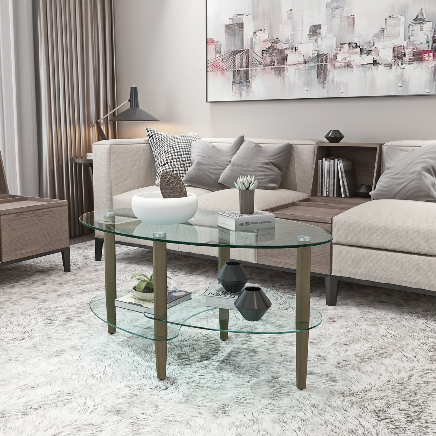 Transparent Oval Glass Coffee Table Modern Design Oak Wood Legs 3-Layer Living Room Tea Table