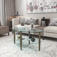 Transparent Oval Glass Coffee Table Modern Design Oak Wood Legs 3-Layer Living Room Tea Table