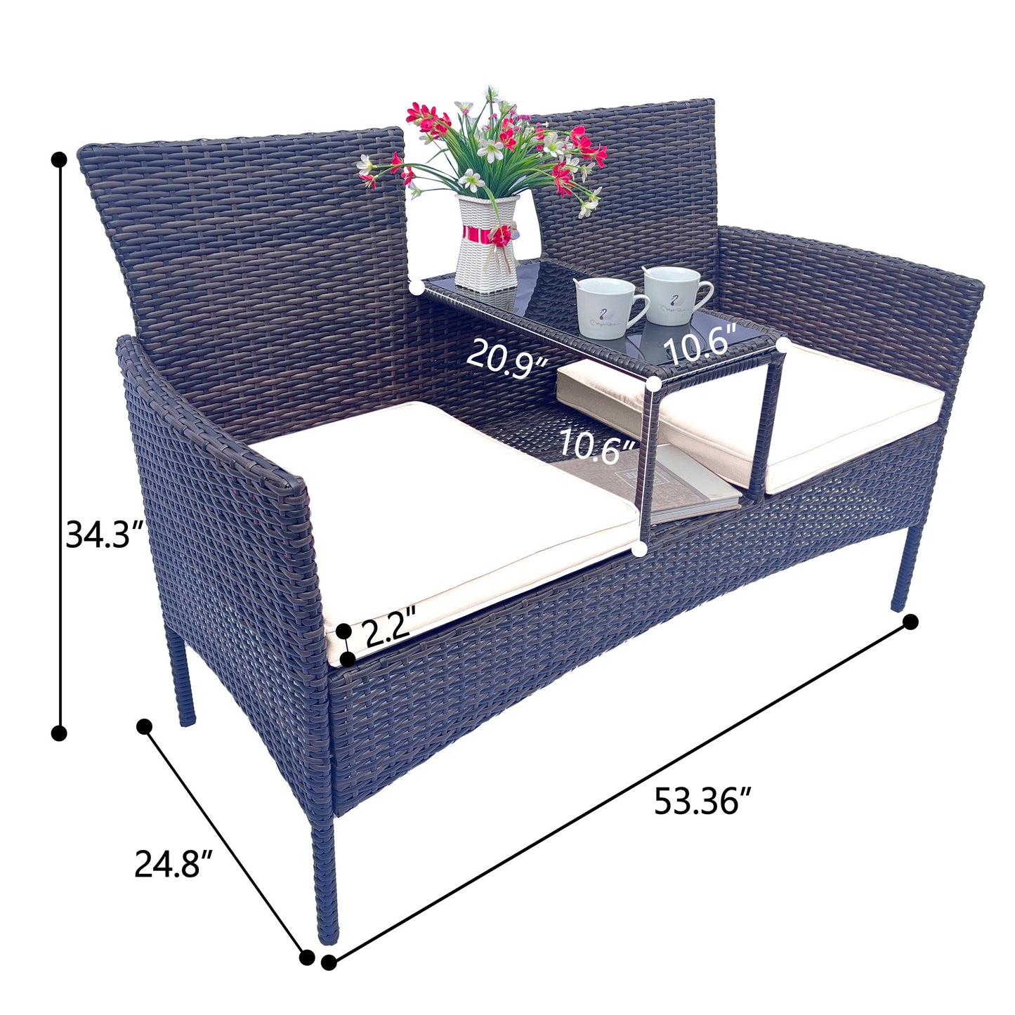 Modern Wicker Patio Conversation Set with Removable Cushions and Tempered Glass Table for Garden and Backyard