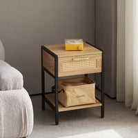 15.74 Inch Rattan End Table with Drawer Modern Nightstand Metal Legs Side Table for Living Room Bedroom Natural Finish