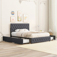 Full Size Upholstered Platform Bed Frame with Adjustable Headboard and 4 Storage Drawers Grey