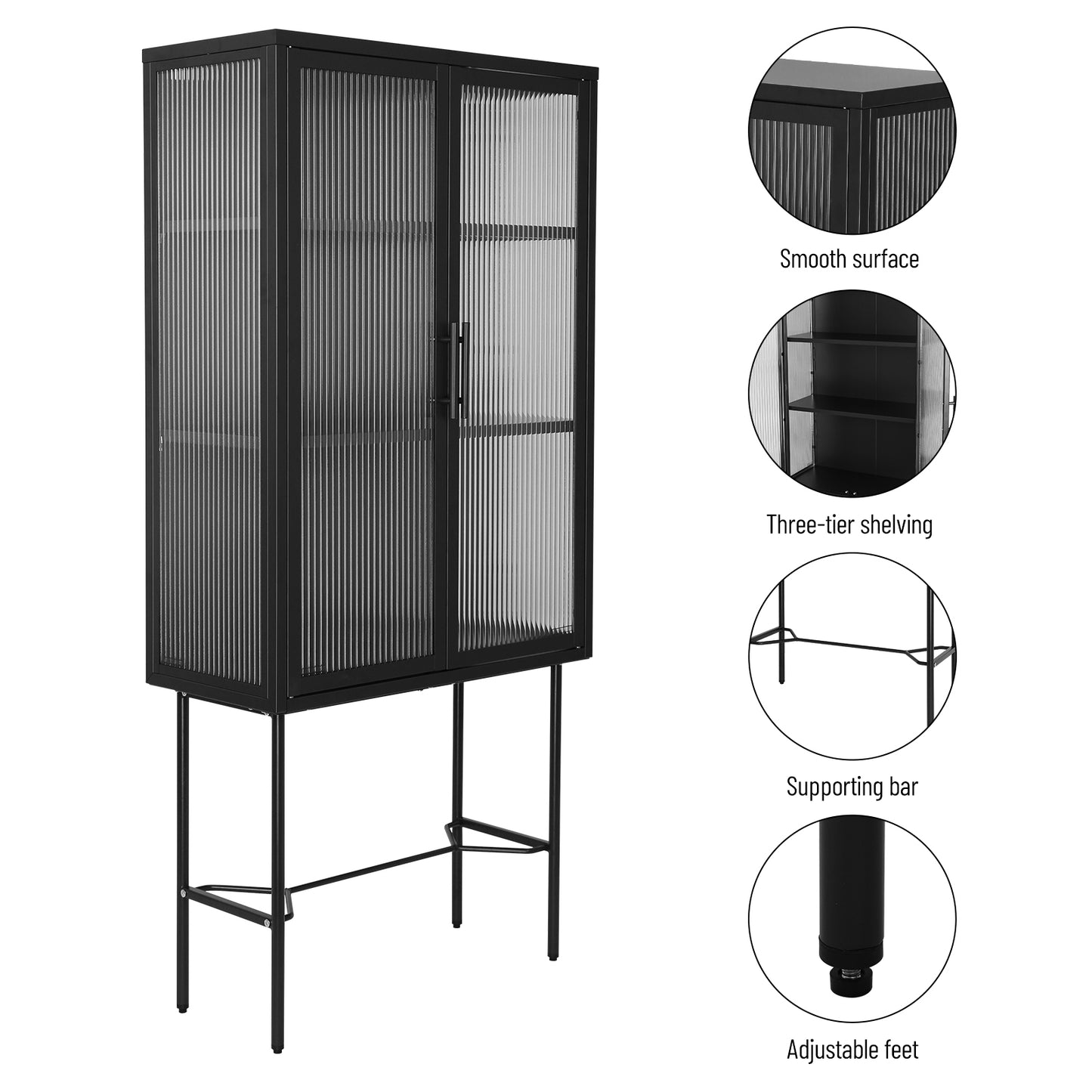 Elegant Floor Cabinet with 2 Tempered Glass Doors Adjustable Shelves Dust-Free Easy Assembly Black Living Room Display Storage