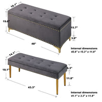 Large Storage Benches with Nailhead Trim Tufted Velvet 2 in 1 Combination for Living Room Entryway Hallway Bedroom Gold Legs 250lbs Capacity