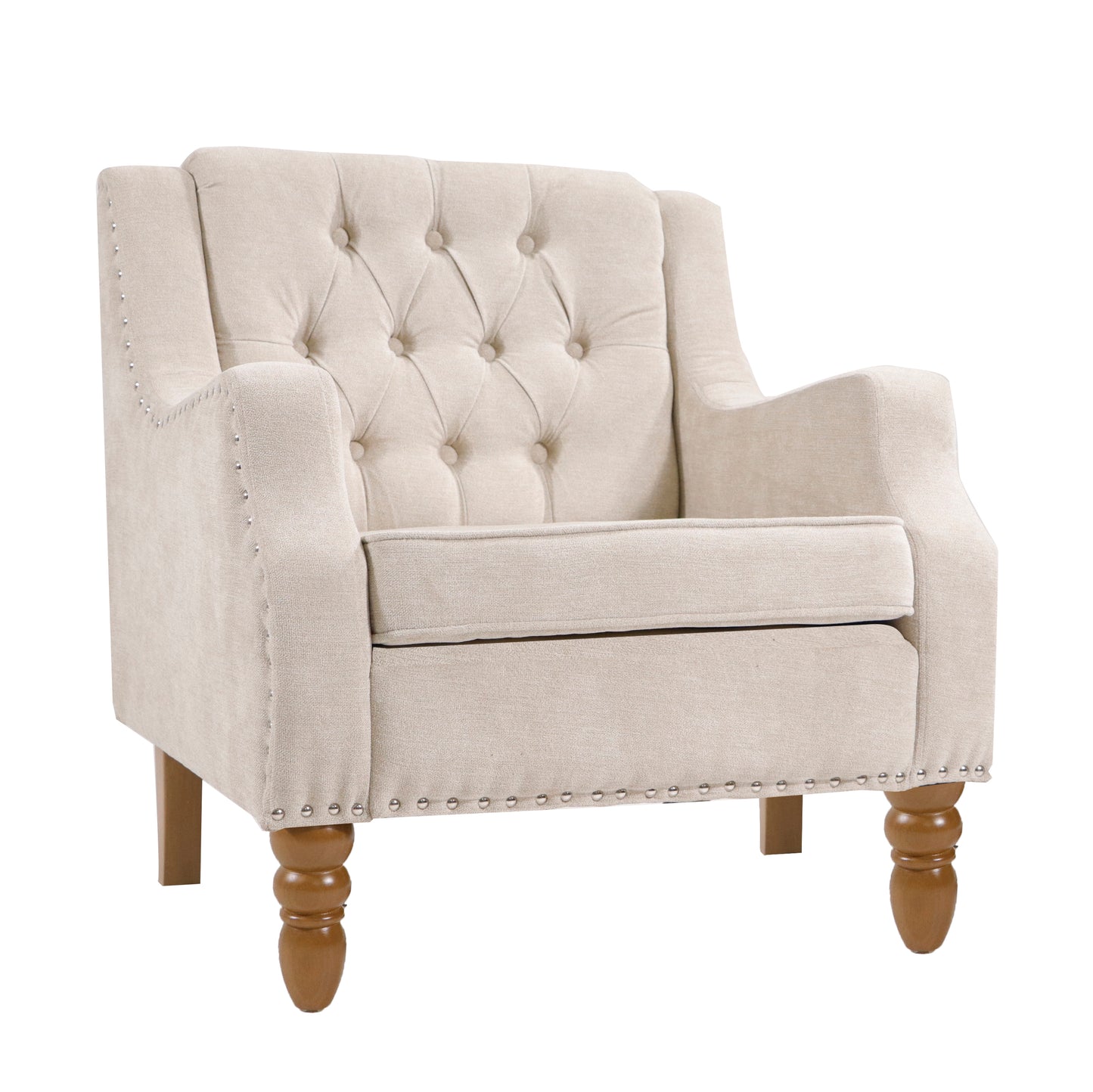 Vintage Brass Studded Accent Chair Set with Footrest Tufted Upholstered Armchair for Living Room Bedroom Reading