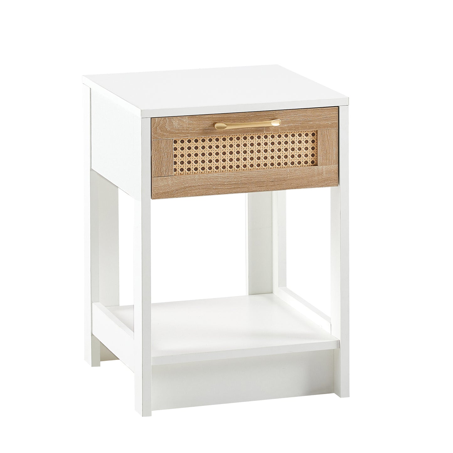 15.75 Inch Rattan End Table with Drawer Modern Nightstand Side Table for Living Room Bedroom White