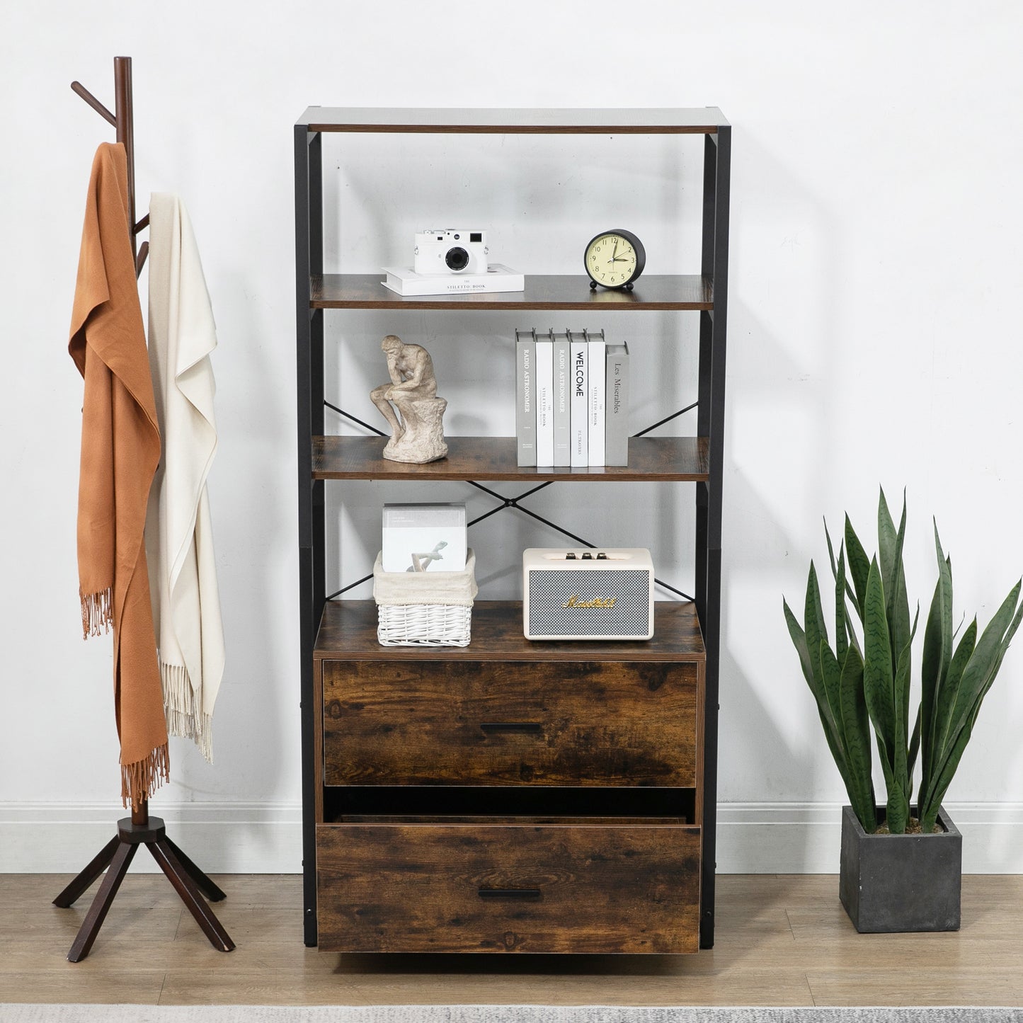 Industrial 62.7 in Tall Bookshelf with File Cabinet Drawers 4 Tier Freestanding Storage Home Office Organizer Rustic Vintage Brown