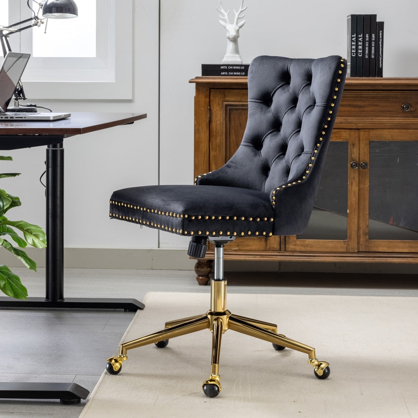 Premium Spring Cushioned Adjustable Desk Chair With Hand-Pulled Buttons And Golden Metal Base