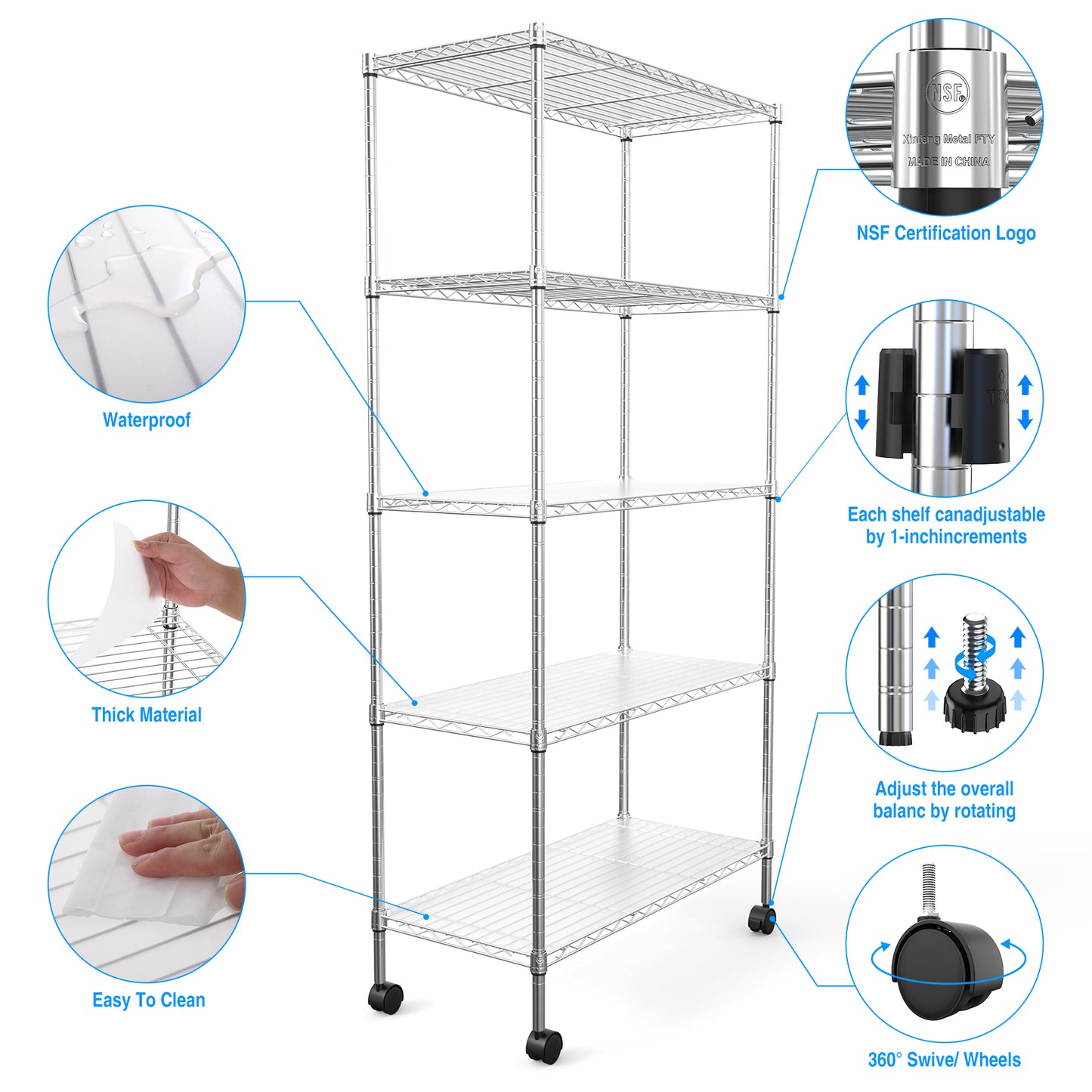 5 Tier Heavy Duty Wire Shelving Unit Adjustable Metal Storage Shelves for Garage Kitchen Office Commercial Use Chrome Finish