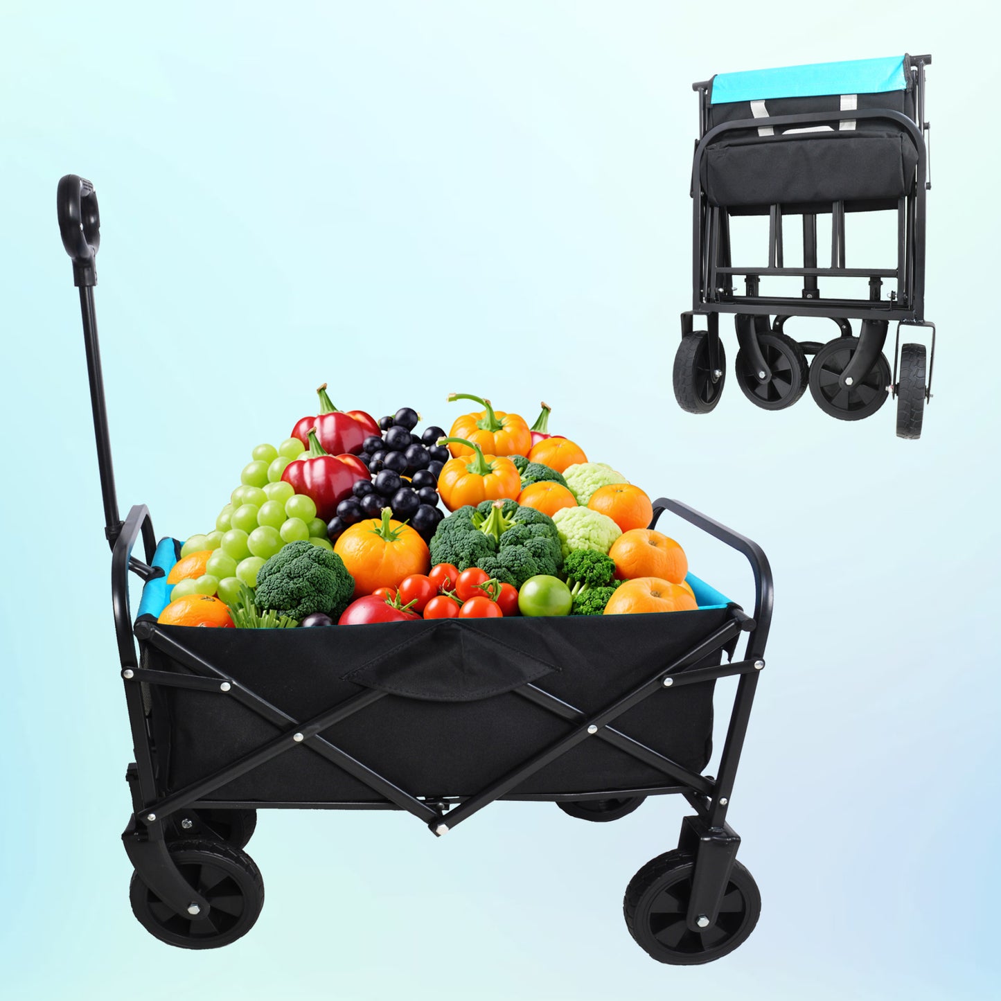 Mini Folding Wagon for Garden, Shopping, and Beach – Compact Collapsible Cart (Black & Blue)