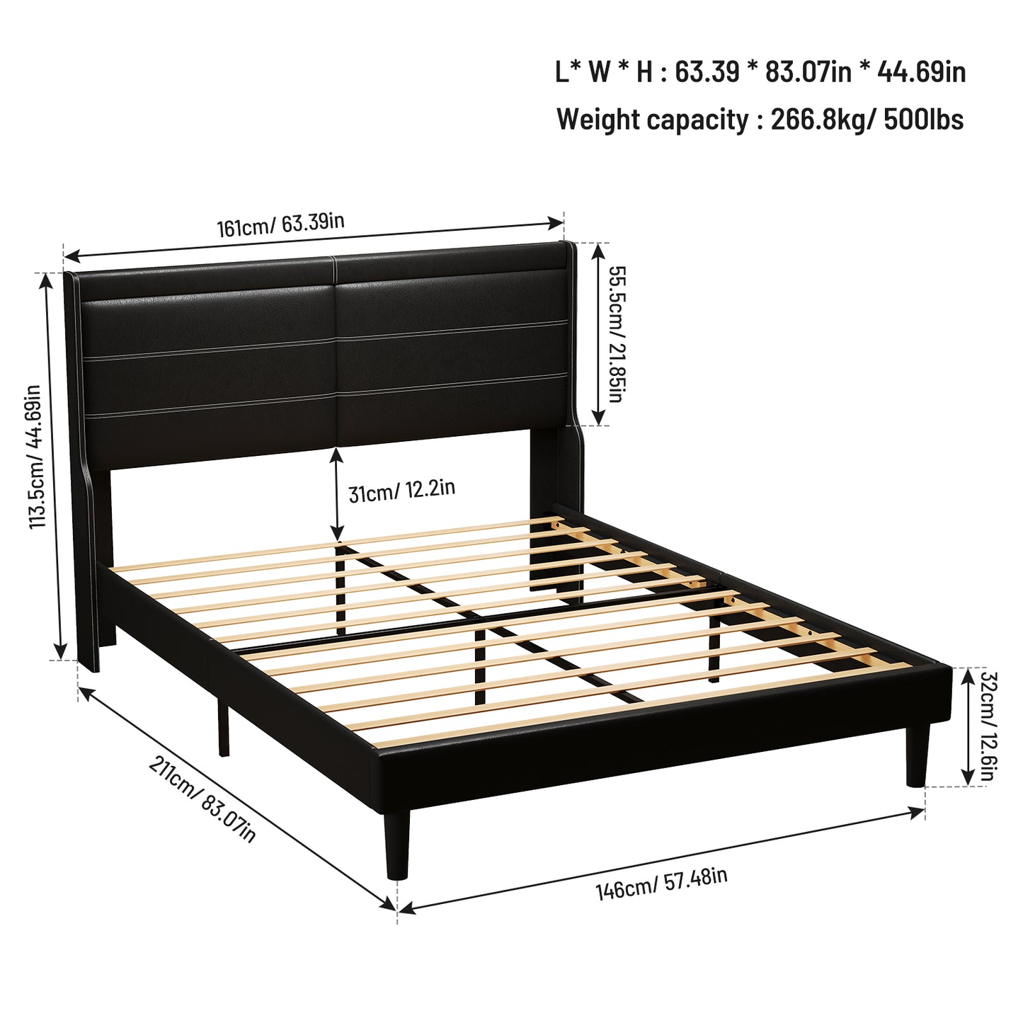 Queen PU Leather Upholstered Bed Frame with LED Lights Wing-Back Headboard Strong Wooden Slats No Box Spring Black