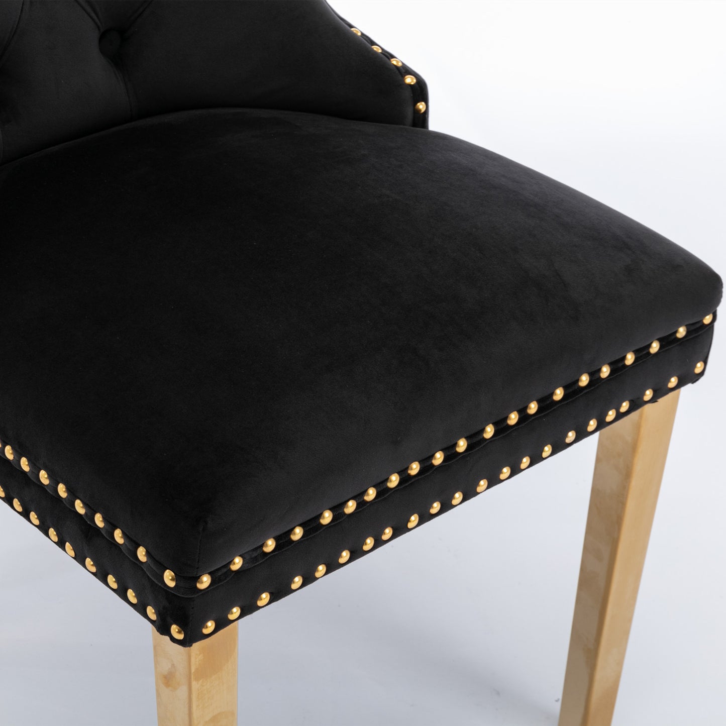 Modern High-end Tufted Solid Wood Velvet Upholstered Dining Chair Set of 2 with Golden Stainless Steel Legs and Nailhead Trim Black and Gold