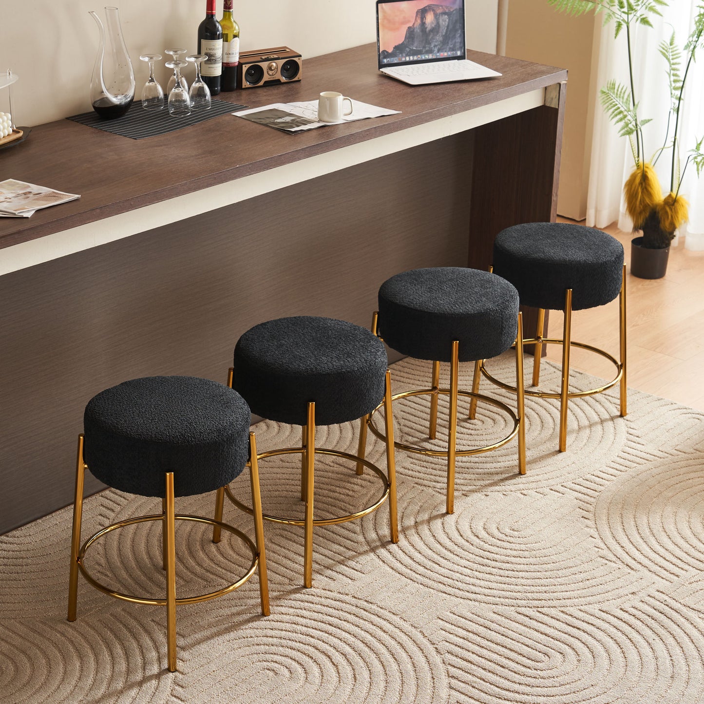 Contemporary Set of 2 24 Inch Upholstered Round Bar Stools for Kitchen and Cafe Stylish Seating