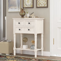 Slim Ivory White Console Table with 3 Storage Drawers and Bottom Shelf for Entryway or Living Room