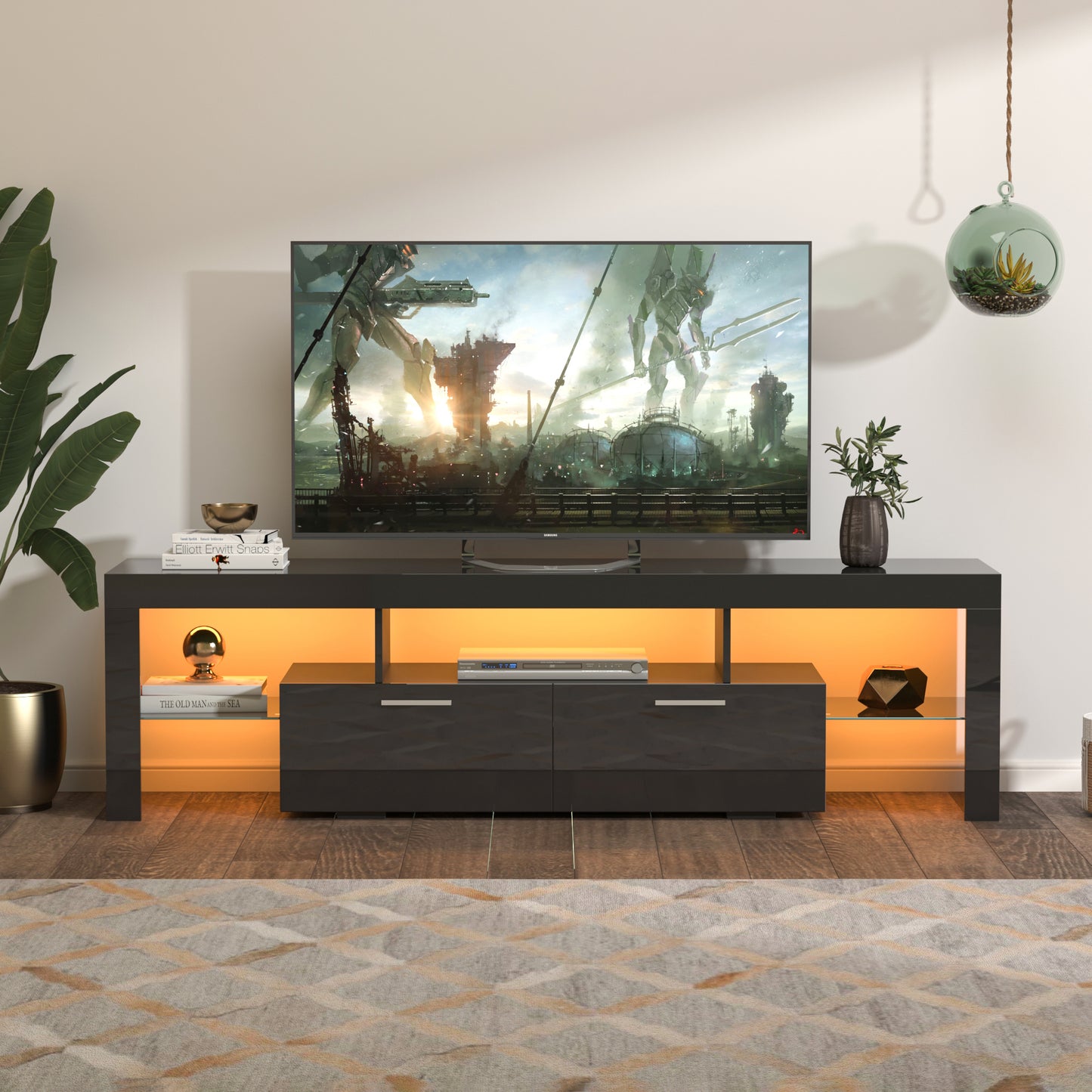 Fashionable Black TV Stand with LED Light Belt, Remote Control, Toughened Glass Shelf, Metal Handles - Ideal Entertainment Center