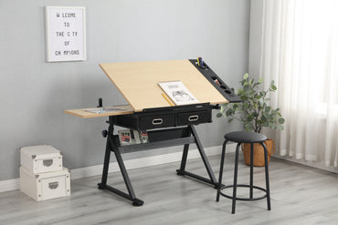 Adjustable Drawing Drafting Table Desk with 2 Drawers for Home Office and School with Stool Wood