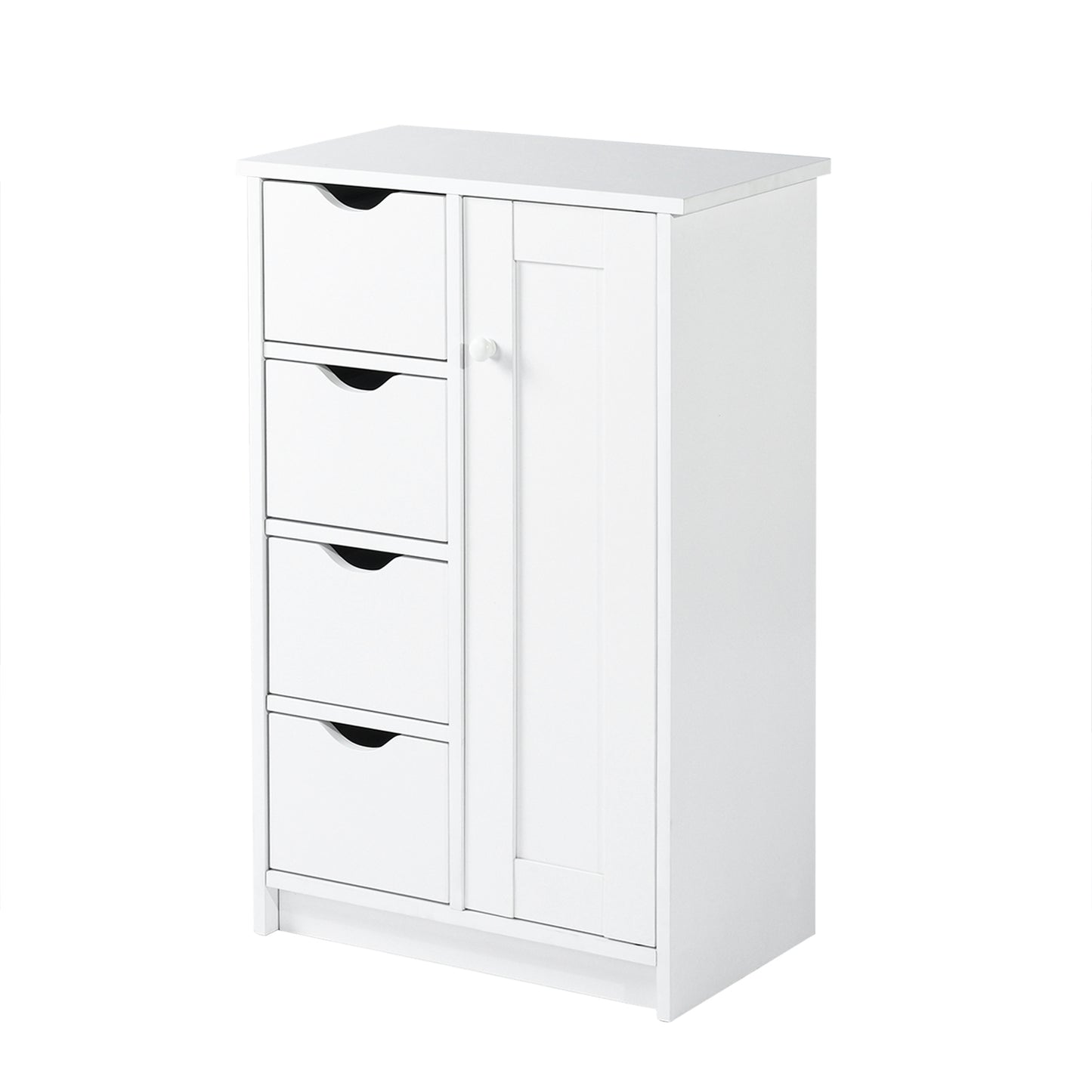 Pure White Wood Floor Storage Organizer Cabinet with 4 Drawers and 1 Door Cabinet 3 Shelves for Home and Office Use