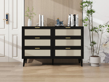 Modern 6 Drawer Dresser Black Wood Storage Cabinet for Bedroom or Living Room Furniture