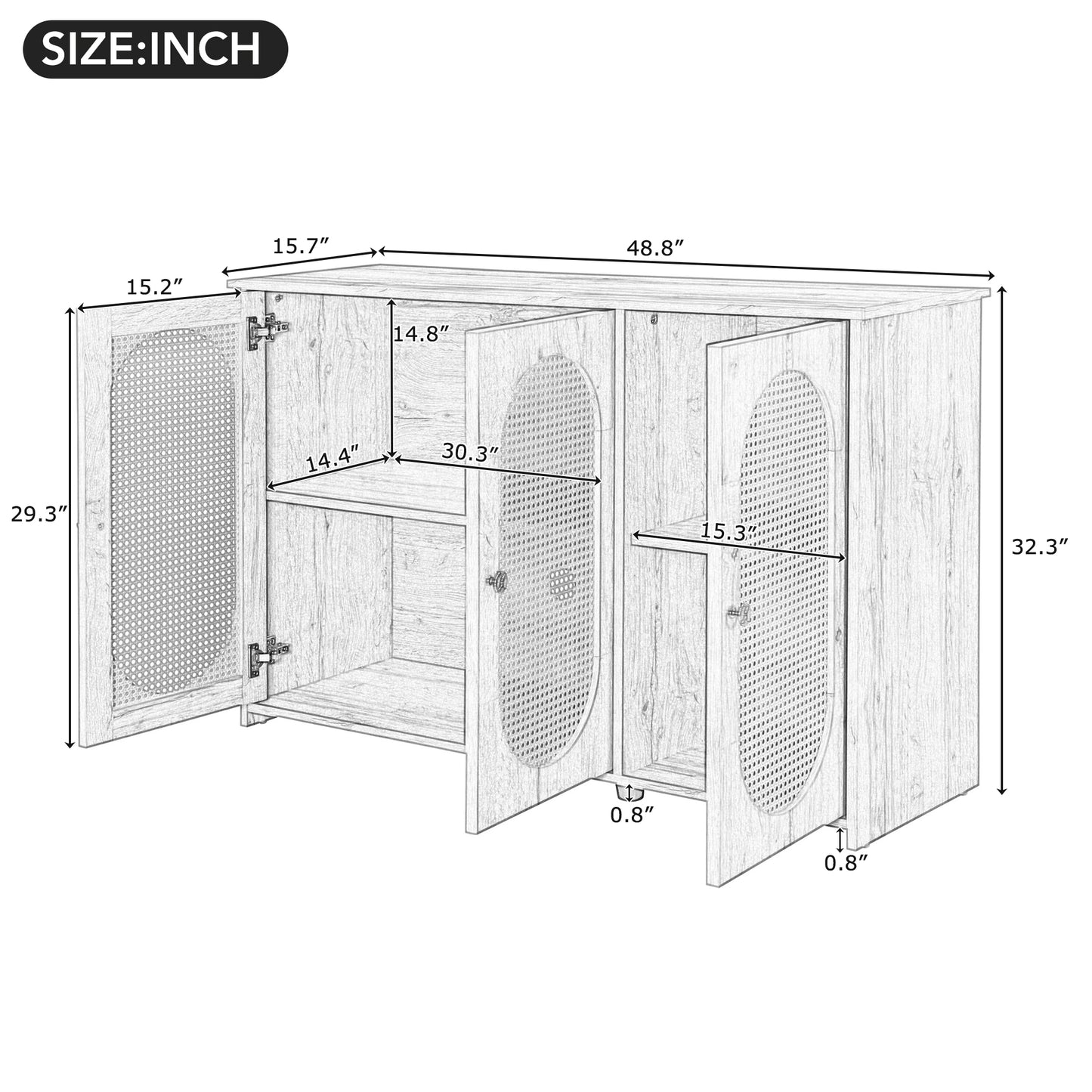 Retro 3-Door Accent Cabinet with Rattan Doors and Metal Handles for Living Room and Hallway Storage White